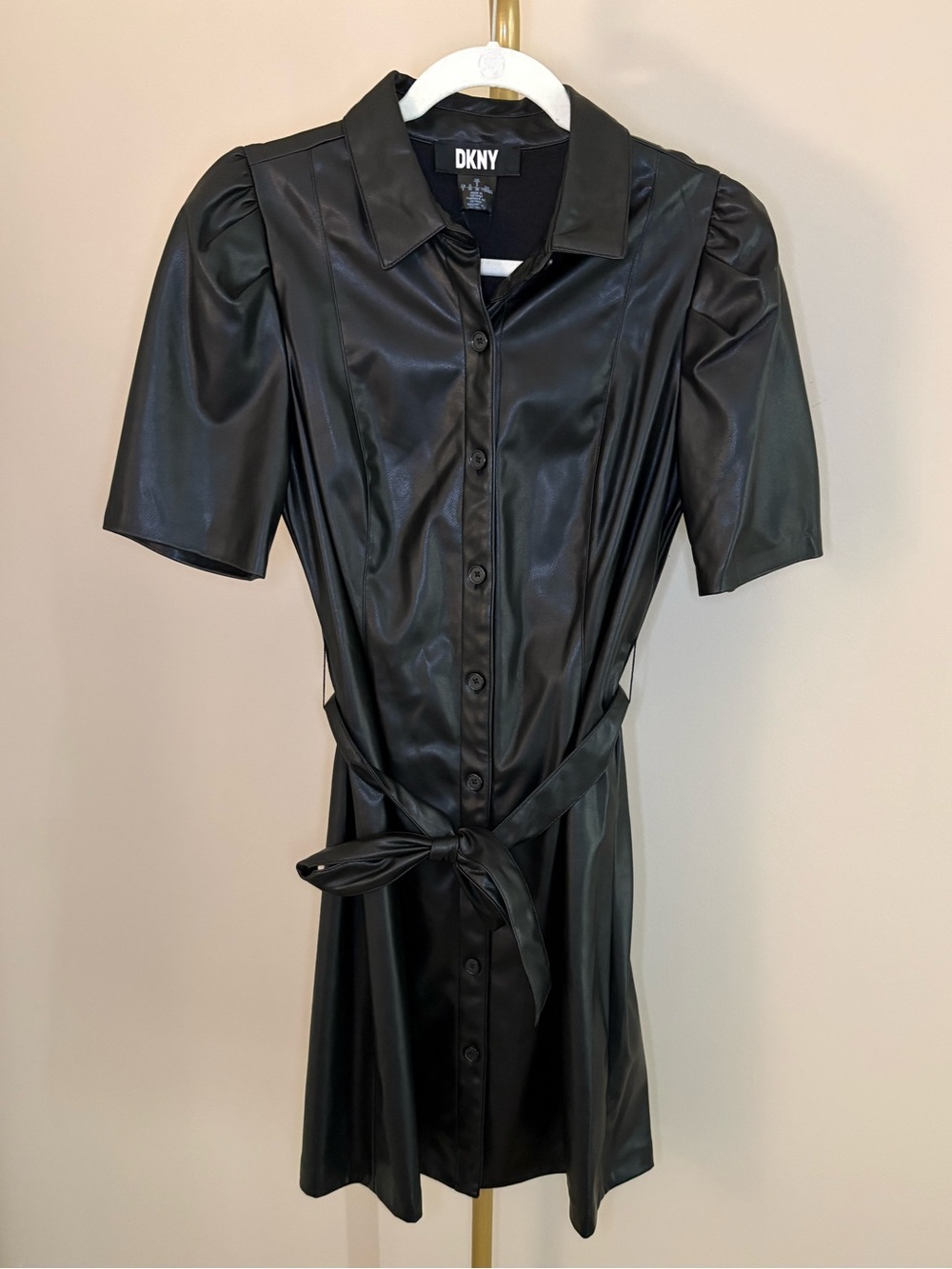 DKNY Black Faux Leather Button-Front Shirt Dress with Tie Waist